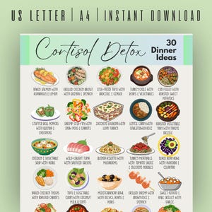 May include: A printable digital download titled "Cortisol Detox" with 30 dinner ideas. The image features illustrations of various healthy meals, including salmon, chicken, tofu, and vegetable dishes. The top of the image has the text "US LETTER | A4 | INSTANT DOWNLOAD".