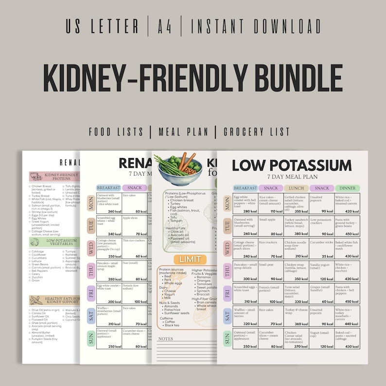 Puede incluir: Un paquete de descarga digital con listas de alimentos aptos para los ri&ntilde;ones, planes de comidas y una lista de la compra. El t&iacute;tulo "Kidney-Friendly Bundle" se muestra en negrita. El plan de comidas incluye opciones para desayuno, merienda, almuerzo, merienda y cena.