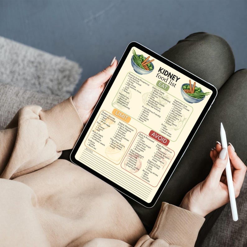 May include: A tablet displaying a "Kidney Food List" with sections for "Eat", "Limit", and "Avoid". The list includes food categories and examples, with illustrations of vegetables. The tablet is held by a person wearing a beige sweater.