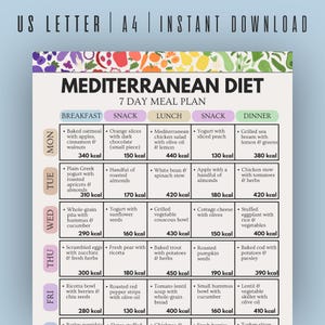 May include: A colorful Mediterranean diet meal plan with daily breakfast, snack, lunch, snack, and dinner options. The plan includes a variety of healthy foods, such as oatmeal, yogurt, chicken salad, and vegetable dishes. The text "US LETTER | A4 | INSTANT DOWNLOAD" is at the top.