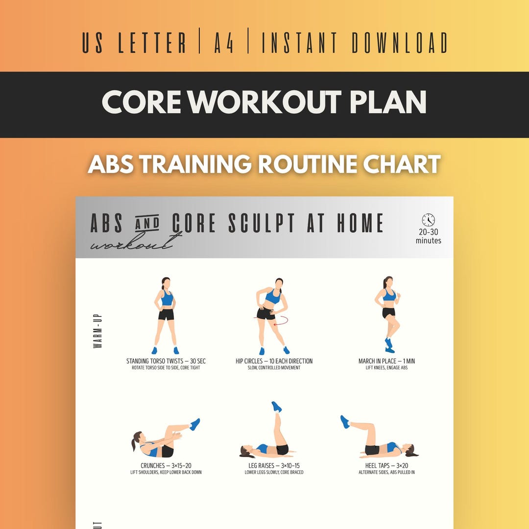 Core Workout Plan Printable, Abs and Lower Back Strength Training Chart ...