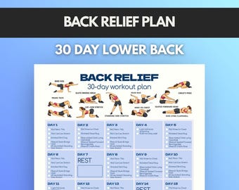 Plan de ejercicios para aliviar el dolor de espalda (tabla imprimible), PDF de ejercicios para la zona lumbar de 30 días, guía de estiramientos para aliviar el dolor, póster de movilidad en el hogar, tamaño carta estadounidense A4.