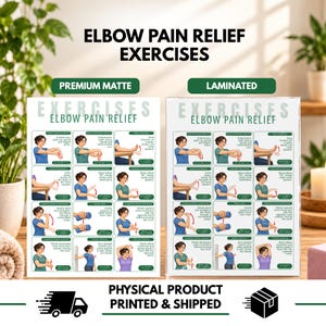 Könnte beinhalten: Zwei rechteckige Poster mit der Überschrift ELBOW PAIN RELIEF EXERCISES, eines mit der Aufschrift PREMIUM MATTE und eines mit LAMINATED. Jedes Poster zeigt ein Raster mit Illustrationen verschiedener Arm- und Handgelenksübungen.