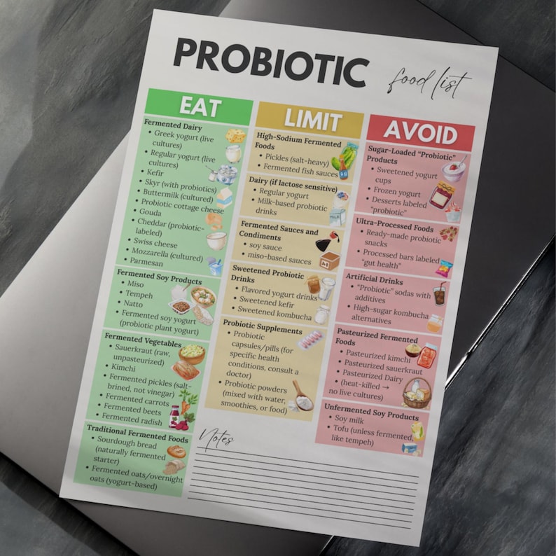 Puede incluir: Una lista de alimentos impresa titulada "PROBIOTIC food list" categoriza los alimentos en las secciones "EAT", "LIMIT" y "AVOID". La secci&oacute;n "EAT" enumera los l&aacute;cteos fermentados, los productos de soja, las verduras y los alimentos tradicionales. La secci&oacute;n "LIMIT" enumera los alimentos con alto contenido de sodio y los l&aacute;cteos. La secci&oacute;n "AVOID" enumera los alimentos con alto contenido de az&uacute;car y ultraprocesados.