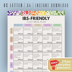 May include: A colorful IBS-friendly 7-day meal plan, featuring breakfast, snack, lunch, and dinner options. The plan includes recipes like oatmeal with blueberries, grilled chicken salad, and baked salmon. The text "US LETTER | A4 | INSTANT DOWNLOAD" is at the top.