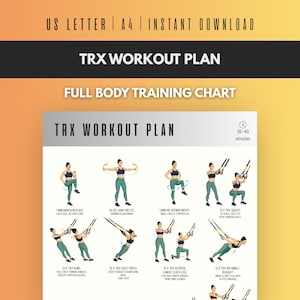 May include: A TRX workout plan chart with illustrations of exercises. The chart includes text that reads "TRX WORKOUT PLAN" and "FULL BODY TRAINING CHART". The exercises include squats, rows, chest press, and hip hinge/deadlift.