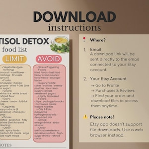 K&ouml;nnte beinhalten: Ein digitaler Download mit dem Titel "Tisol Detox Food List" mit Download-Anweisungen. Die Liste kategorisiert Lebensmittel, die zu begrenzen und zu vermeiden sind, einschlie&szlig;lich Gem&uuml;se, Obst, Getreide und verarbeitete Produkte. Anweisungen zum Zugriff auf den Download sind ebenfalls enthalten.