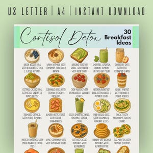 May include: An illustrated guide titled "Cortisol Detox" with 30 breakfast ideas. The image showcases a variety of healthy breakfast options, such as yogurt bowls, oatmeal, avocado toast, smoothies, and egg dishes. The text includes ingredients and preparation suggestions.
