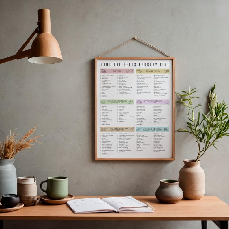 May include: A framed "Cortisol Detox Grocery List" hangs on a gray wall. The list is divided into categories with colorful headers. A wooden desk holds a mug, open book, and vases with plants.
