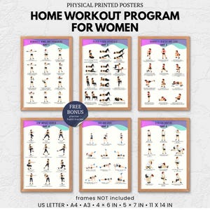 May include: A set of five physical printed posters titled Home Workout Program for Women, featuring illustrated exercise routines for days one through six. Includes a circular badge stating Free Bonus planner + habit tracker. Sizes listed: US Letter, A4, A3, 4x6, 5x7, 11x14 inches.