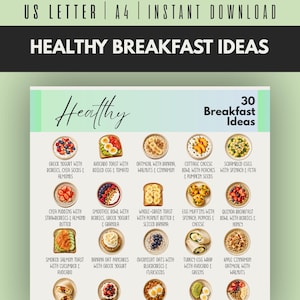 Op de afbeelding: Een digitale printbare kaart getiteld Healthy Breakfast Ideas met 30 ontbijtopties voorzien van illustraties en tekstlabels. Het document bevat opties voor US Letter en A4-formaat. Elk item toont een gerecht zoals avocado toast, havermout of yoghurt bowls met beschrijvende tekst eronder.