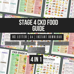 May include: A collection of Stage 4 CKD food guide documents featuring food charts, meal plans, food lists, and grocery lists. The pages include colorful illustrations of various food items, organized tables, and text labels for dietary planning.