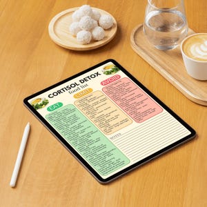 K&ouml;nnte beinhalten: Ein digitales Tablet mit einer "Cortisol Detox Food List" mit den Abschnitten "Essen", "Einschr&auml;nken" und "Vermeiden". Das Tablet liegt auf einer Holzoberfl&auml;che, zusammen mit einem wei&szlig;en Stift, einem Holztablett mit Kokosb&auml;llchen und einer Kaffeetasse.