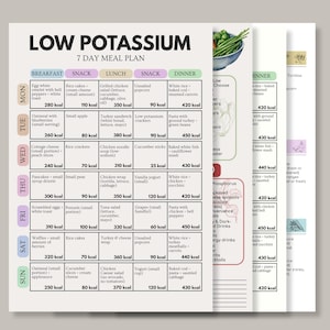 Puede incluir: Un plan de comidas de 7 d&iacute;as bajo en potasio, con opciones para desayuno, merienda, almuerzo y cena. Incluye recuentos de calor&iacute;as y alimentos como avena, pollo y arroz. El texto "LOW POTASSIUM" est&aacute; en la parte superior.