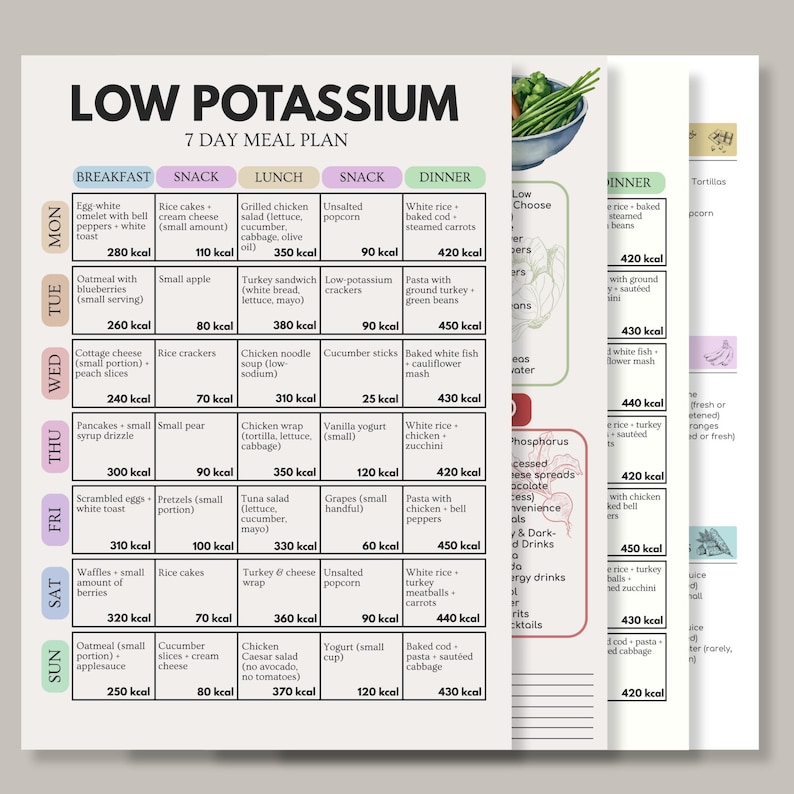 Puede incluir: Un plan de comidas de 7 d&iacute;as bajo en potasio, con opciones para desayuno, merienda, almuerzo y cena. Incluye recuentos de calor&iacute;as y alimentos como avena, pollo y arroz. El texto "LOW POTASSIUM" est&aacute; en la parte superior.