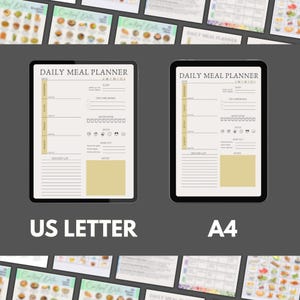 May include: Two digital meal planners on tablets, labeled "Daily Meal Planner." One is US Letter size, the other A4. The planners have sections for date, meals, sleep, priorities, water intake, mood, workout, grocery list, and notes.