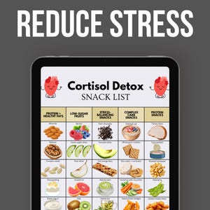 May include: A tablet displays a "Cortisol Detox Snack List" with food categories like "Protein + Healthy Fats" and "Low-Sugar Fruits." The top text reads "Reduce Stress." The list includes almonds, berries, avocado slices, oatmeal, and turkey slices.