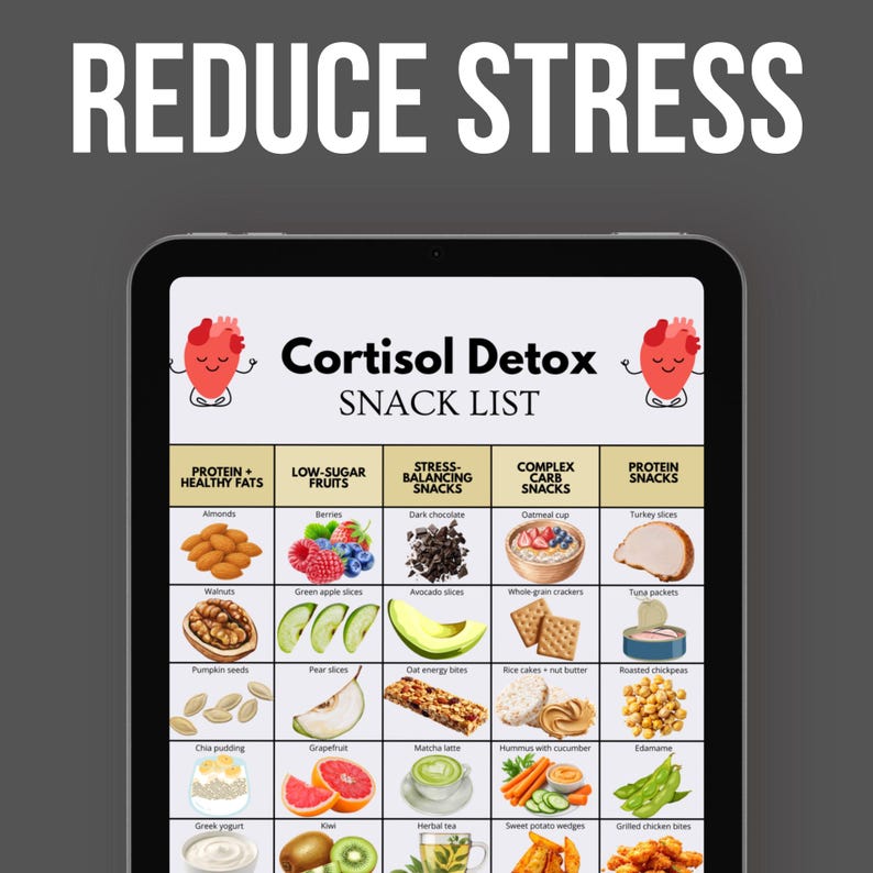 May include: A tablet displays a "Cortisol Detox Snack List" with food categories like "Protein + Healthy Fats" and "Low-Sugar Fruits." The top text reads "Reduce Stress." The list includes almonds, berries, avocado slices, oatmeal, and turkey slices.