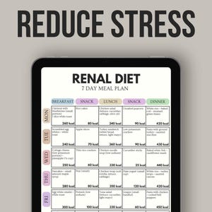 Puede incluir: Una tableta digital muestra un plan de comidas de 7 d&iacute;as para una dieta renal, con las palabras "REDUCE STRESS" en la parte superior. El plan incluye opciones de desayuno, merienda, almuerzo, merienda y cena con recuento de calor&iacute;as.