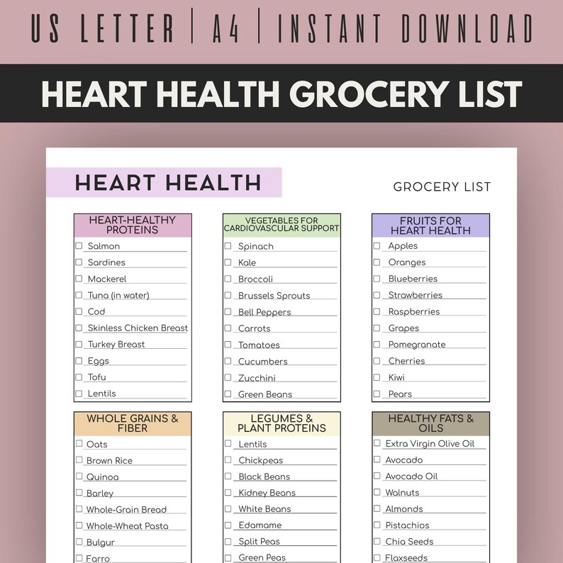 Heart Health Grocery List, Printable Grocery, List Printable ...