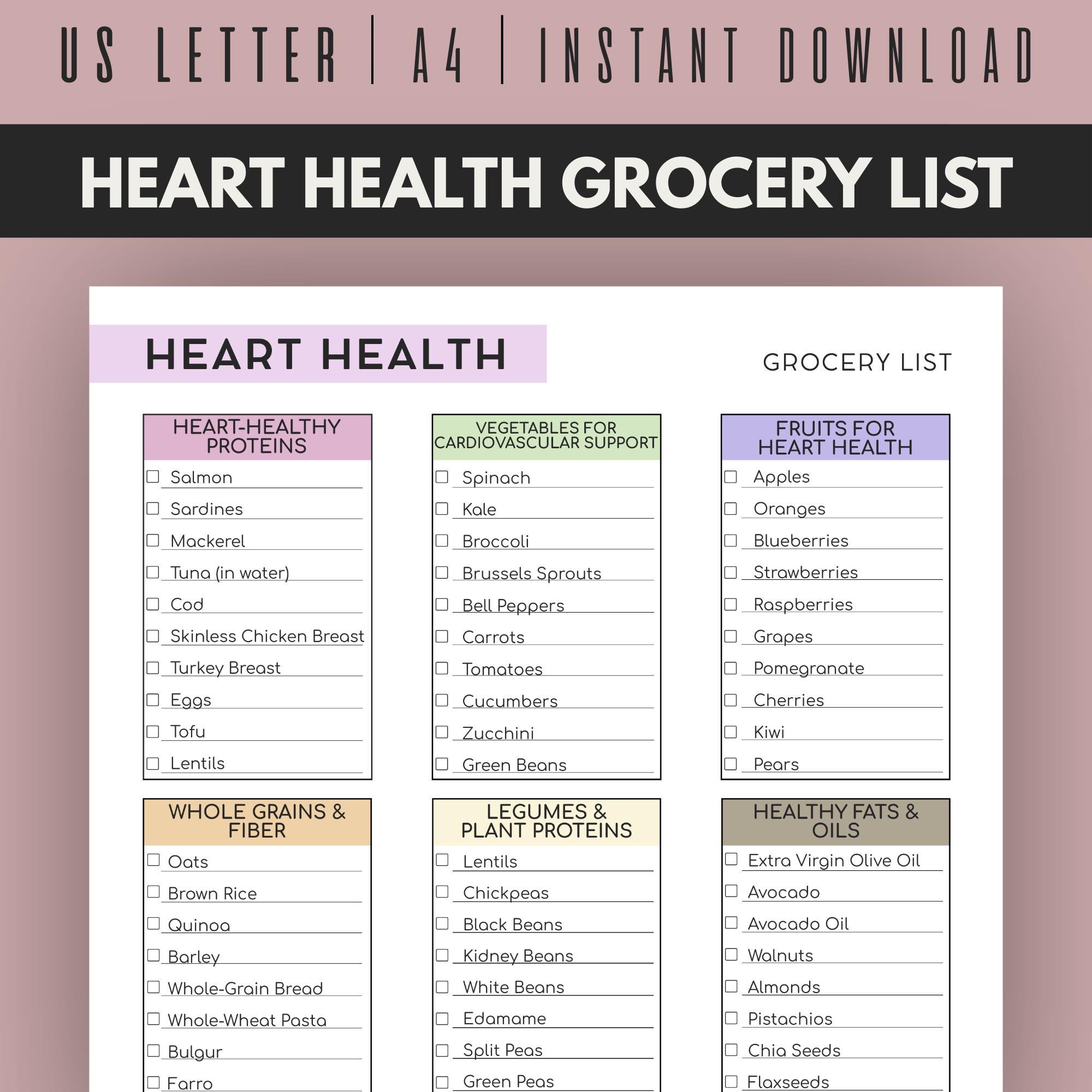 Heart Health Grocery List, Printable Grocery, List Printable ...
