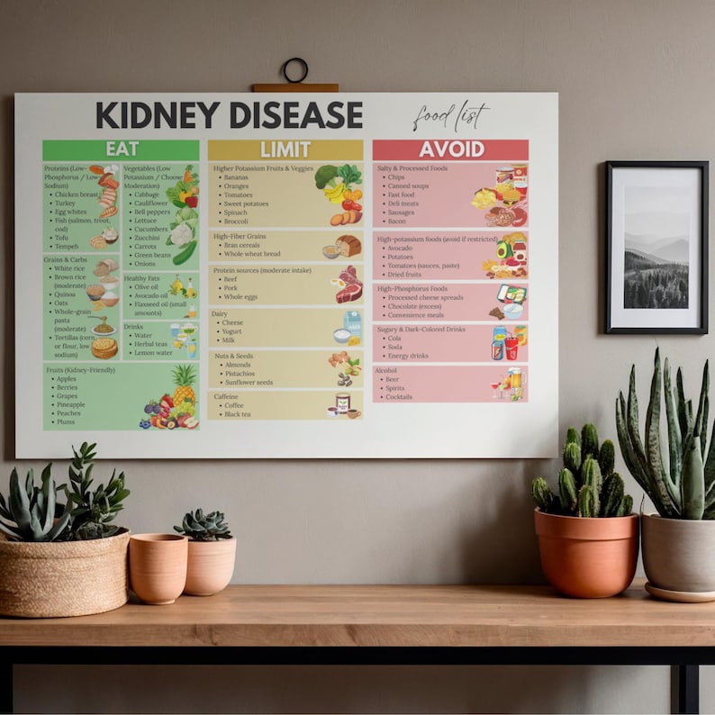 May include: A rectangular wall poster titled KIDNEY DISEASE food list, divided into three color-coded columns: green for EAT, yellow for LIMIT, and red for AVOID. Each section contains bulleted text lists and small illustrations of various food items.