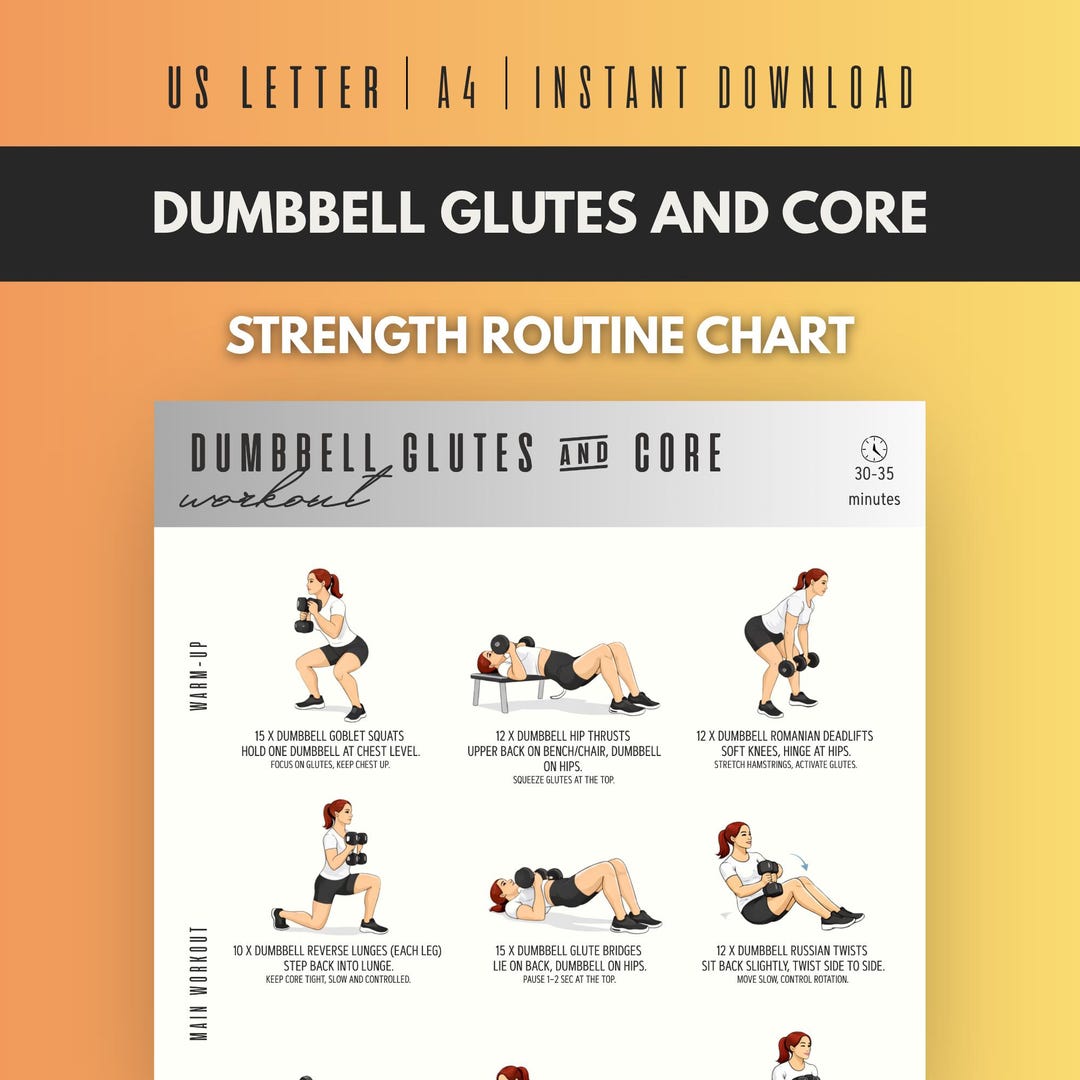 Dumbbell Glutes and Core Workout, Lower Body Exercise Chart Printable ...