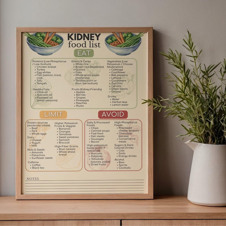May include: A framed print titled "Kidney Food List" with sections for "Eat", "Limit", and "Avoid". The list categorizes foods like proteins, grains, vegetables, and fruits, with a wooden frame. The print is displayed on a wooden surface.