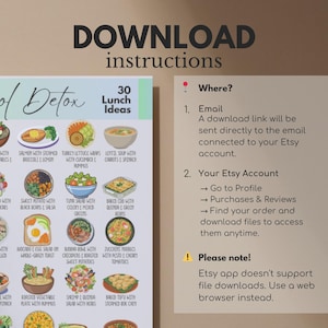 K&ouml;nnte beinhalten: Eine herunterladbare Anleitung mit 30 Mittagsideen, darunter Rezepte f&uuml;r Salate, Suppen und Wraps. Die Anleitung enth&auml;lt auch Anweisungen zum Herunterladen der Datei von Etsy.