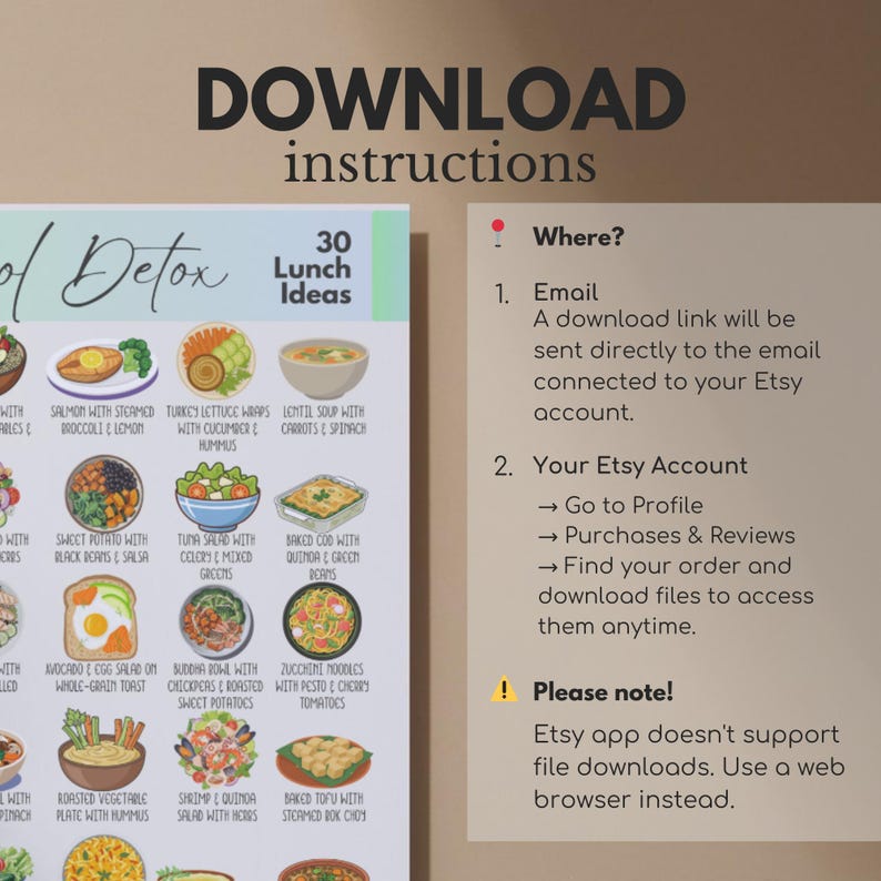 K&ouml;nnte beinhalten: Eine herunterladbare Anleitung mit 30 Mittagsideen, darunter Rezepte f&uuml;r Salate, Suppen und Wraps. Die Anleitung enth&auml;lt auch Anweisungen zum Herunterladen der Datei von Etsy.