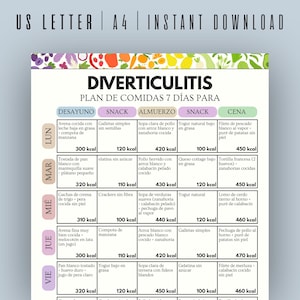 Peut inclure: Un plan de repas imprimable pour un régime contre la diverticulite de 7 jours. Le tableau coloré comprend des options de petit-déjeuner, de collation, de déjeuner et de dîner avec des décomptes de calories. Le titre est "Diverticulite: Plan de repas de 7 jours".