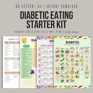 May include: A printable Diabetic Eating Starter Kit with grocery, food, and meal plan lists, plus a food chart. The kit includes a 7-day meal plan and a food chart with lean proteins, vegetables, fruits, and healthy fats.