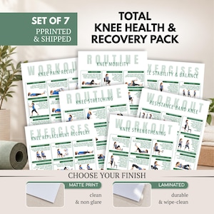 May include: A set of 7 printed and shipped knee health and recovery guides featuring routines for knee pain relief, mobility, stretching, stability, balance, resistance band exercises, and knee replacement recovery with illustrations and text.