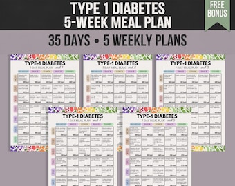 Könnte beinhalten: Ein digitales Ernährungsplan-Dokument mit dem Titel Type 1 Diabetes 5-Week Meal Plan, 35 Days, 5 Weekly Plans. Es enthält fünf separate 7-Tage-Ernährungspläne mit bunten Obst- und Gemüserändern, die tägliche Frühstücks-, Snack-, Mittags- und Abendoptionen auflisten.