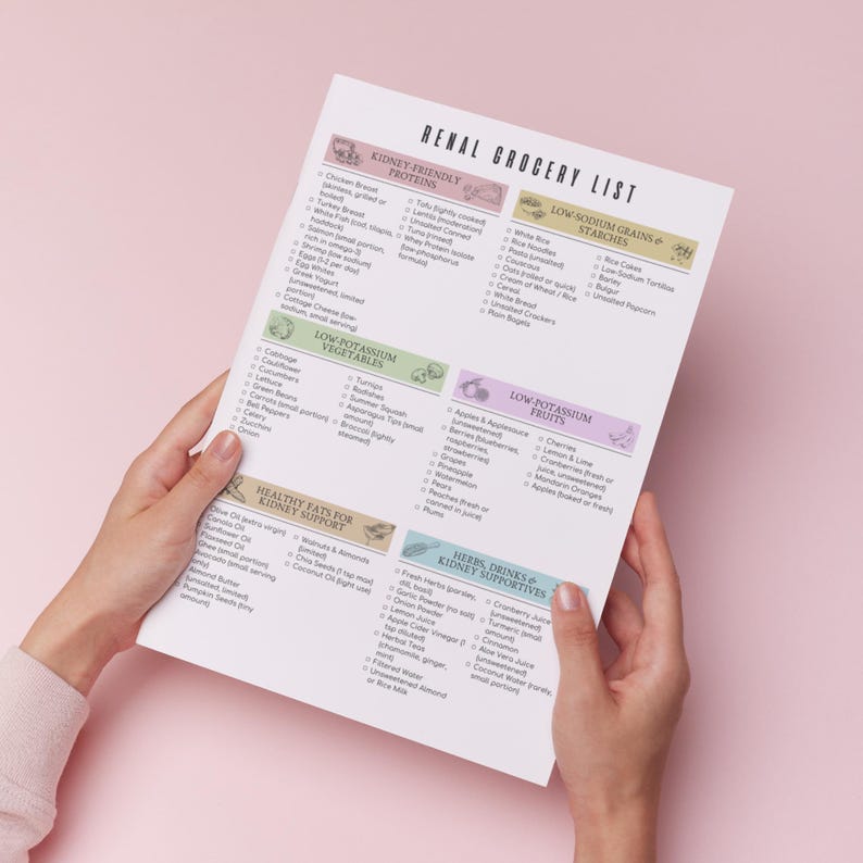 Puede incluir: Una persona sostiene una lista de compras impresa titulada "Renal Grocery List". La lista est&aacute; dividida en secciones para prote&iacute;nas aptas para los ri&ntilde;ones, granos bajos en sodio, verduras bajas en potasio, frutas bajas en potasio, grasas saludables y hierbas y bebidas.