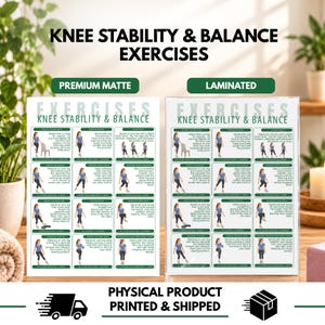 Peut inclure: Deux affiches pédagogiques rectangulaires intitulées KNEE STABILITY & BALANCE EXERCISES, l'une marquée PREMIUM MATTE et l'autre LAMINATED. Chaque affiche présente une grille de douze illustrations montrant une personne effectuant des exercices.