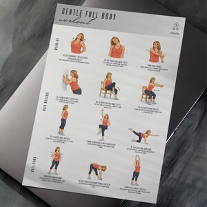 Puede incluir: Una gu&iacute;a de entrenamiento impresa titulada "GENTLE FULL BODY workout". La gu&iacute;a presenta ilustraciones de ejercicios, incluyendo rotaciones de hombros, inclinaciones de cuello, balanceos de brazos, flexiones de pared, elevaciones de rodillas sentado, sentadillas en silla, elevaciones de talones, etc.