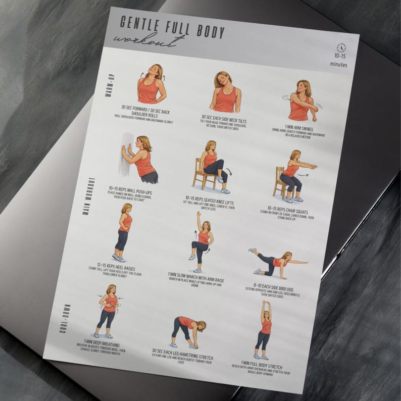 Puede incluir: Una gu&iacute;a de entrenamiento impresa titulada "GENTLE FULL BODY workout". La gu&iacute;a presenta ilustraciones de ejercicios, incluyendo rotaciones de hombros, inclinaciones de cuello, balanceos de brazos, flexiones de pared, elevaciones de rodillas sentado, sentadillas en silla, elevaciones de talones, etc.
