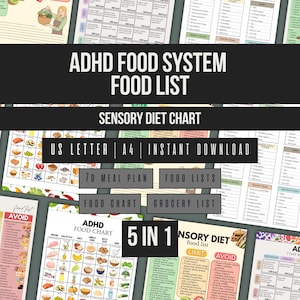 Lista de alimentos para el sistema de dieta para el TDAH (imprimible), tabla de dieta para el apoyo a la concentración, plan de comidas en PDF, guía de dieta sensorial, lista de compras, tamaño carta estadounidense A4