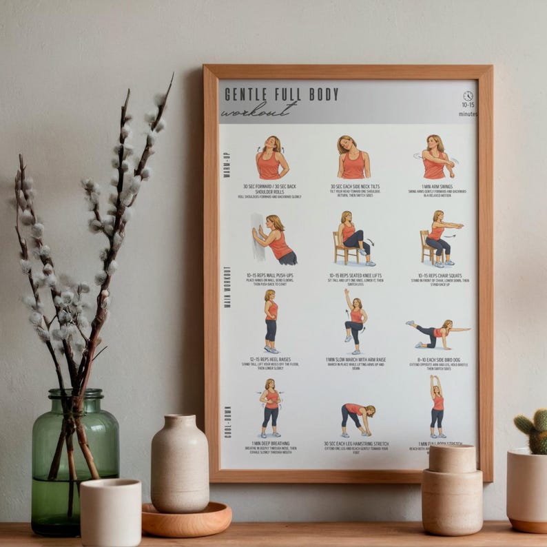 Puede incluir: Un p&oacute;ster enmarcado "Gentle Full Body Workout" con ilustraciones de ejercicios. El p&oacute;ster est&aacute; en un marco de madera marr&oacute;n claro. La imagen est&aacute; sobre una superficie de madera con jarrones decorativos y un peque&ntilde;o cactus.