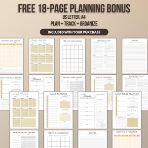 May include: A collection of printable planning pages including monthly planners, weekly meal planners, 30-day challenges, grocery lists, habit trackers, and note sheets. The text reads FREE 18-PAGE PLANNING BONUS US LETTER, A4 PLAN TRACK ORGANIZE.