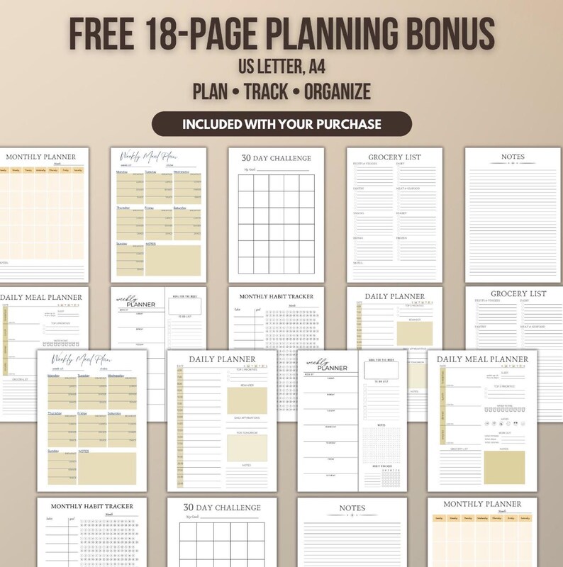 May include: A collection of printable planning pages including monthly planners, weekly meal planners, 30-day challenges, grocery lists, habit trackers, and note sheets. The text reads FREE 18-PAGE PLANNING BONUS US LETTER, A4 PLAN TRACK ORGANIZE.