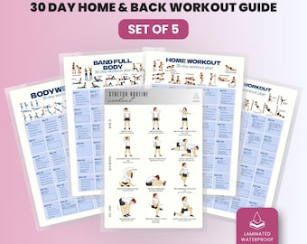 Home Fitness 5 in 1 Bundle | 30 Day Workout Plan | Laminated Workout Charts | Bodyweight Workout | Resistance Band Exercises