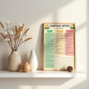 K&ouml;nnte beinhalten: Ein gerahmtes "Cortisol Detox Food List" Poster mit den Abschnitten "Eat", "Limit" und "Avoid". Das Poster steht auf einem wei&szlig;en Regal mit dekorativen Vasen und einem kleinen, runden, braunen Deko-Objekt.