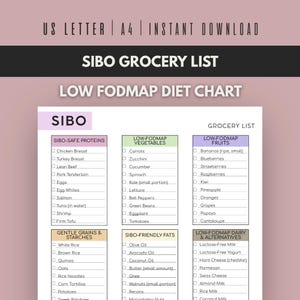 May include: A printable SIBO grocery list and low FODMAP diet chart. The chart is divided into sections for proteins, vegetables, fruits, grains, fats, and dairy alternatives. The text "US LETTER | A4 | INSTANT DOWNLOAD" is at the top.