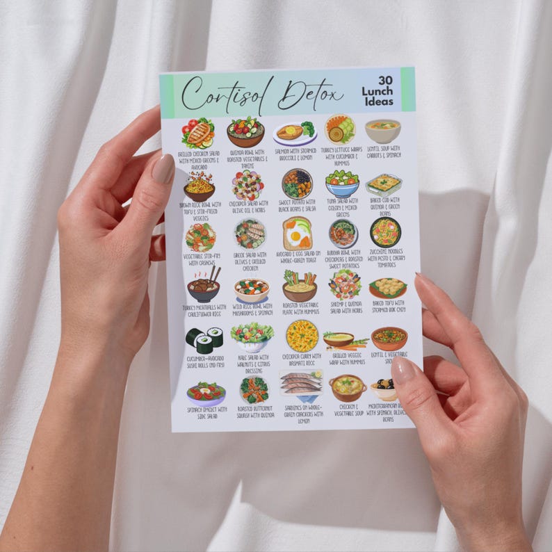 K&ouml;nnte beinhalten: Eine wei&szlig;e Karte mit dem Text "Cortisol Detox" und "30 Lunch Ideas" wird von zwei H&auml;nden gehalten. Die Karte zeigt farbenfrohe Illustrationen verschiedener Mittagsrezepte, darunter Salate, Schalen und Sushi. Der Hintergrund ist hell und neutral.