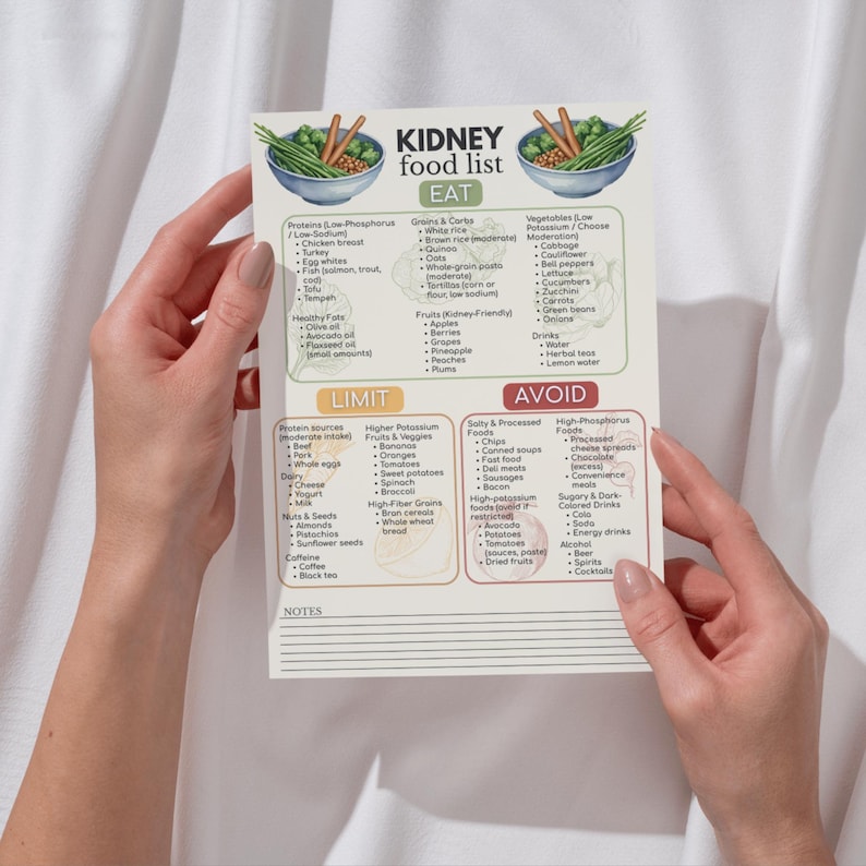 May include: A food list titled "KIDNEY food list" with sections for "EAT", "LIMIT", and "AVOID". The list includes food categories like proteins, grains, fruits, and vegetables, with specific examples. The list is held by a person.