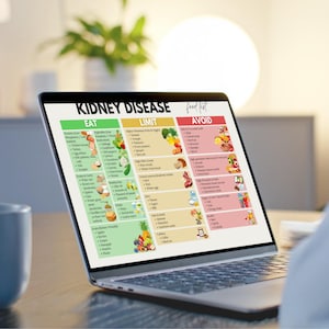 May include: A laptop screen displays a Kidney Disease food list chart organized into three color-coded columns labeled Eat in green, Limit in yellow, and Avoid in red. The chart features text lists and small illustrations of various food items.