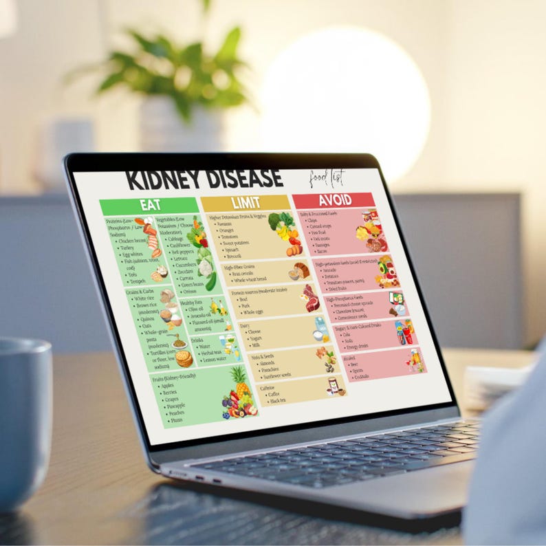 May include: A laptop screen displays a Kidney Disease food list chart organized into three color-coded columns labeled Eat in green, Limit in yellow, and Avoid in red. The chart features text lists and small illustrations of various food items.