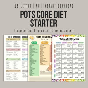 May include: A digital download featuring a "POTS Core Diet Starter" guide. The guide includes a grocery list, food list, and a 7-day meal plan. The pages are white with black text and colorful accents.